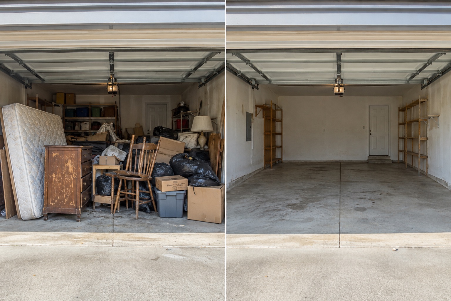 Illustrative before and after comparison of a garage cleared of furniture, boxes and bulky junk