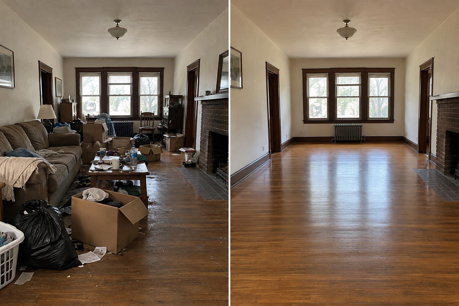 Illustrative before and after comparison of a cluttered living room cleared of unwanted items