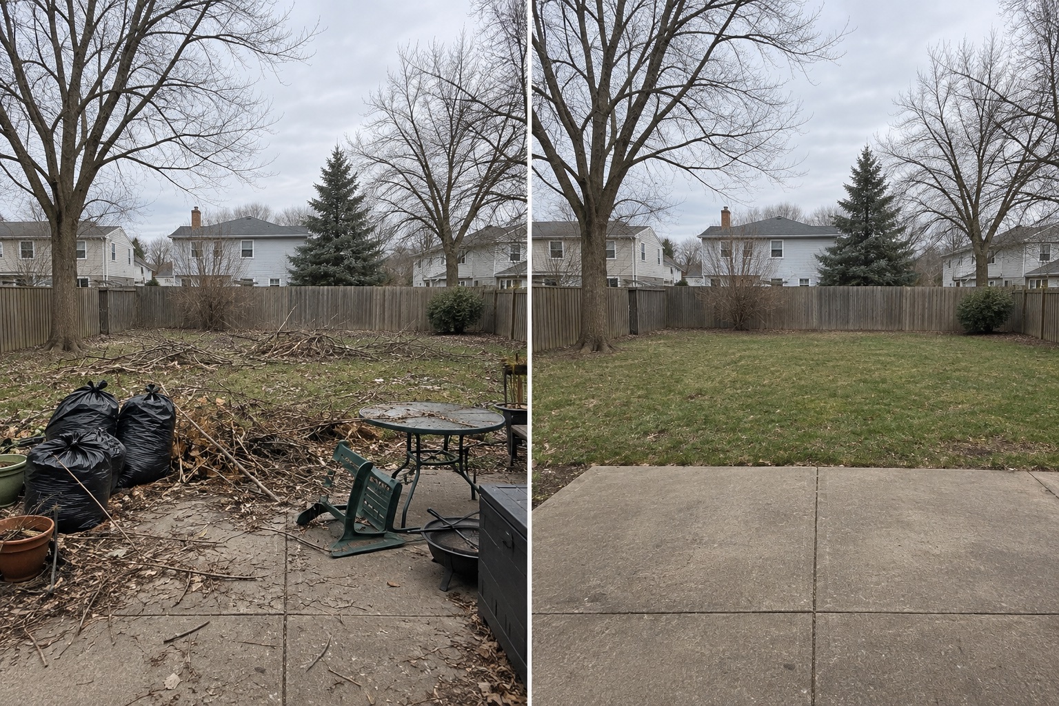Illustrative before and after comparison of a backyard cleared of branches and outdoor debris
